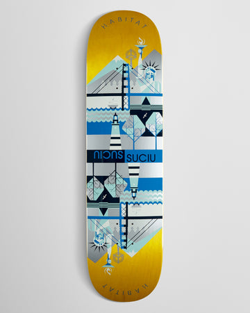 Habitat Suciu Cross Continental Twin Tail Skateboard Deck - Blue/Assorted Stains - 8.30